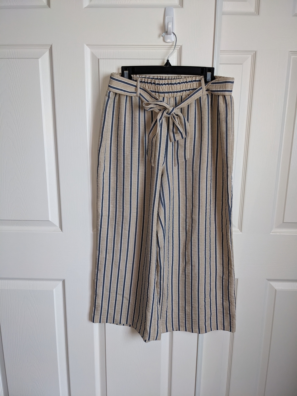 Striped Tie-Waist Wide Leg Trousers - Beige & Navy
